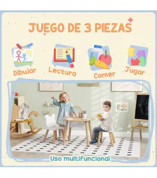 Conjunto Infantil de Mesa y 2 Sillas de Madera con Respaldo en Forma de Oso y Espacio de Almacenaje para Niños 3-6 Años
