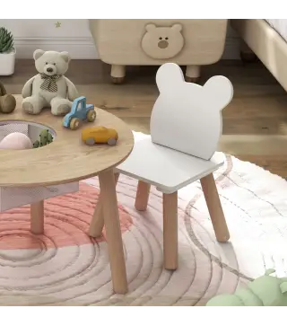 Conjunto Infantil de Mesa y 2 Sillas de Madera con Respaldo en Forma de Oso y Espacio de Almacenaje para Niños 3-6 Años