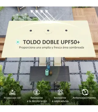 Sombrilla Doble 4,5x2,6 m Sombrilla Terraza Exterior con Manivela Impermeable y Protección UV50+ Crema
