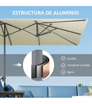 Sombrilla Doble 4,5x2,6 m Sombrilla Terraza Exterior con Manivela Impermeable y Protección UV50+ Crema