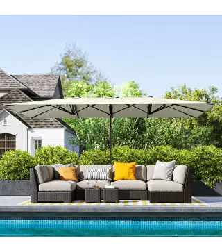 Sombrilla Doble 4,5x2,6 m Sombrilla Terraza Exterior con Manivela Impermeable y Protección UV50+ Crema