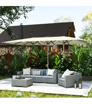 Sombrilla Doble 4,5x2,6 m Sombrilla Terraza Exterior con Manivela Impermeable y Protección UV50+ Crema