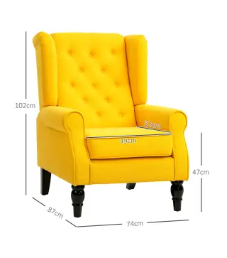 Sillón de Salón con Reposabrazos y Patas de Madera Butaca Carga 160 kg para Dormitorio Oficina 74x86x102 cm Amarillo