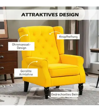 Sillón de Salón con Reposabrazos y Patas de Madera Butaca Carga 160 kg para Dormitorio Oficina 74x86x102 cm Amarillo