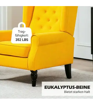 Sillón de Salón con Reposabrazos y Patas de Madera Butaca Carga 160 kg para Dormitorio Oficina 74x86x102 cm Amarillo