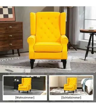 Sillón de Salón con Reposabrazos y Patas de Madera Butaca Carga 160 kg para Dormitorio Oficina 74x86x102 cm Amarillo