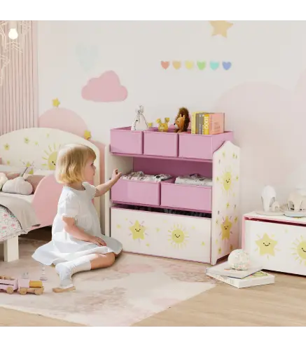 Estantería Infantil para Juguetes de 3 Niveles con 6 Cajas Extraíbles de Tela no Tejida para Guardería 63x30x66 cm Rosa