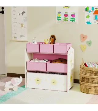 Estantería Infantil para Juguetes de 3 Niveles con 6 Cajas Extraíbles de Tela no Tejida para Guardería 63x30x66 cm Rosa