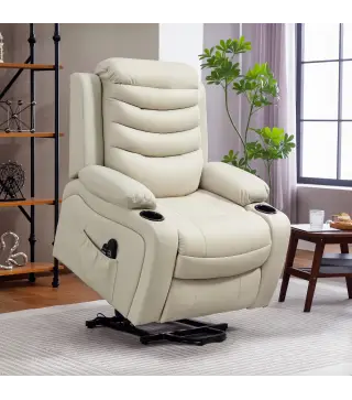 Sillón Relax Reclinable Eléctrico Levanta Personas con Masaje Vibratorio y Calor Puerto USB Control Remoto Crema