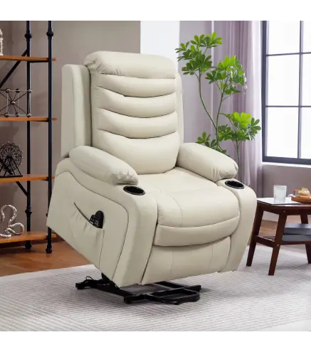 Sillón Relax Reclinable Eléctrico Levanta Personas con Masaje Vibratorio y Calor Puerto USB Control Remoto Crema
