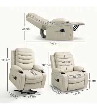 Sillón Relax Reclinable Eléctrico Levanta Personas con Masaje Vibratorio y Calor Puerto USB Control Remoto Crema