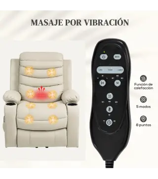 Sillón Relax Reclinable Eléctrico Levanta Personas con Masaje Vibratorio y Calor Puerto USB Control Remoto Crema