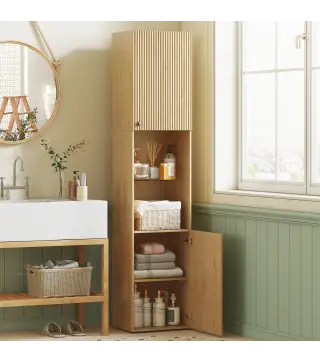 Armario de Baño Alto de 6 Niveles con 2 Puertas Estante de Vidrio Templado Estantes Ajustables 40x31x182 cm Roble