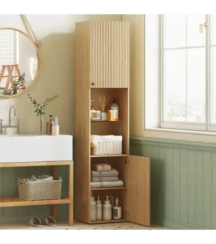 Armario de Baño Alto de 6 Niveles con 2 Puertas Estante de Vidrio Templado Estantes Ajustables 40x31x182 cm Roble