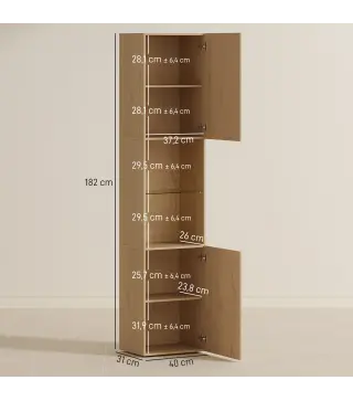 Armario de Baño Alto de 6 Niveles con 2 Puertas Estante de Vidrio Templado Estantes Ajustables 40x31x182 cm Roble