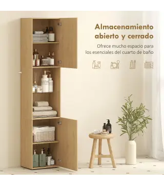 Armario de Baño Alto de 6 Niveles con 2 Puertas Estante de Vidrio Templado Estantes Ajustables 40x31x182 cm Roble