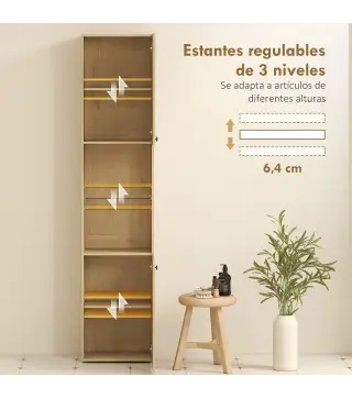 Armario de Baño Alto de 6 Niveles con 2 Puertas Estante de Vidrio Templado Estantes Ajustables 40x31x182 cm Roble