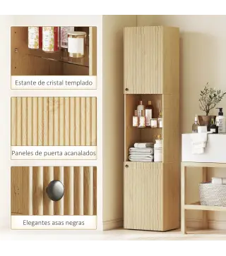 Armario de Baño Alto de 6 Niveles con 2 Puertas Estante de Vidrio Templado Estantes Ajustables 40x31x182 cm Roble