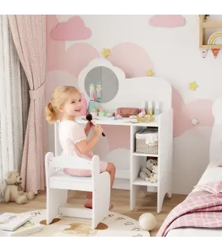 Tocador de Maquillaje Niña 2 en 1 Escritorio con Taburete Espejo Estantes Abiertos para Niños +3 Años Blanco