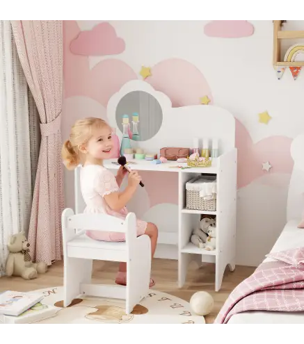 Tocador de Maquillaje Niña 2 en 1 Escritorio con Taburete Espejo Estantes Abiertos para Niños +3 Años Blanco