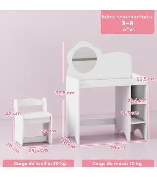 Tocador de Maquillaje Niña 2 en 1 Escritorio con Taburete Espejo Estantes Abiertos para Niños +3 Años Blanco