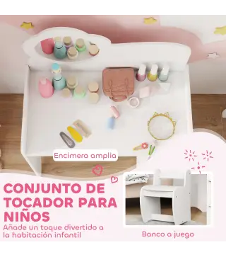 Tocador de Maquillaje Niña 2 en 1 Escritorio con Taburete Espejo Estantes Abiertos para Niños +3 Años Blanco