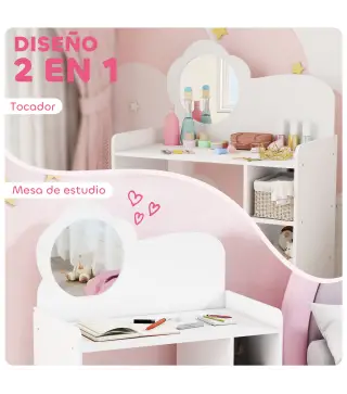 Tocador de Maquillaje Niña 2 en 1 Escritorio con Taburete Espejo Estantes Abiertos para Niños +3 Años Blanco