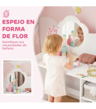 Tocador de Maquillaje Niña 2 en 1 Escritorio con Taburete Espejo Estantes Abiertos para Niños +3 Años Blanco