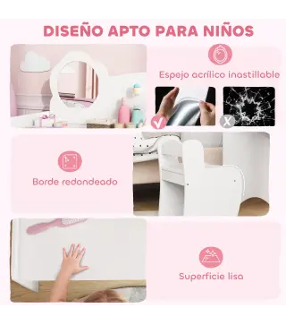 Tocador de Maquillaje Niña 2 en 1 Escritorio con Taburete Espejo Estantes Abiertos para Niños +3 Años Blanco