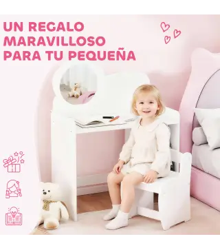Tocador de Maquillaje Niña 2 en 1 Escritorio con Taburete Espejo Estantes Abiertos para Niños +3 Años Blanco