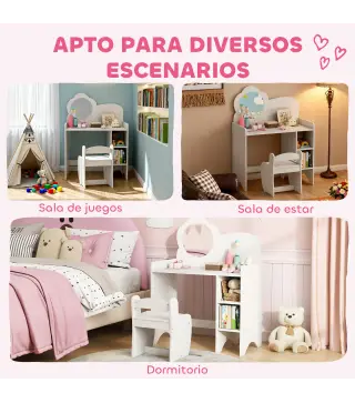 Tocador de Maquillaje Niña 2 en 1 Escritorio con Taburete Espejo Estantes Abiertos para Niños +3 Años Blanco
