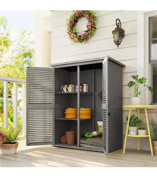 Armario de Jardín 0,83 m² 127x65x168 cm con 2 Puertas de Persiana 2 Estantes 2 Asas y Techo Impermeable Gris