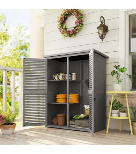 Armario de Jardín 0,83 m² 127x65x168 cm con 2 Puertas de Persiana 2 Estantes 2 Asas y Techo Impermeable Gris