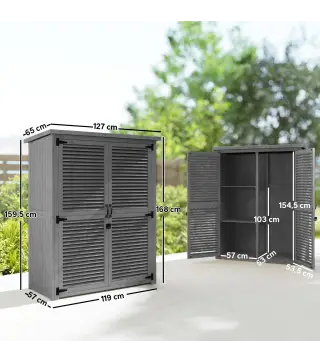 Armario de Jardín 0,83 m² 127x65x168 cm con 2 Puertas de Persiana 2 Estantes 2 Asas y Techo Impermeable Gris