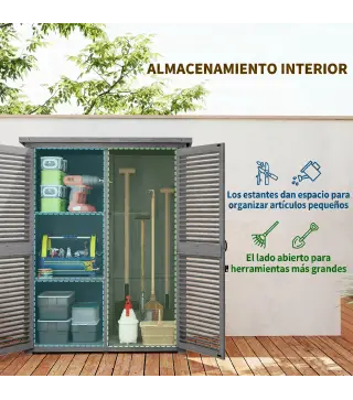 Armario de Jardín 0,83 m² 127x65x168 cm con 2 Puertas de Persiana 2 Estantes 2 Asas y Techo Impermeable Gris