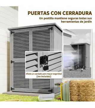 Armario de Jardín 0,83 m² 127x65x168 cm con 2 Puertas de Persiana 2 Estantes 2 Asas y Techo Impermeable Gris