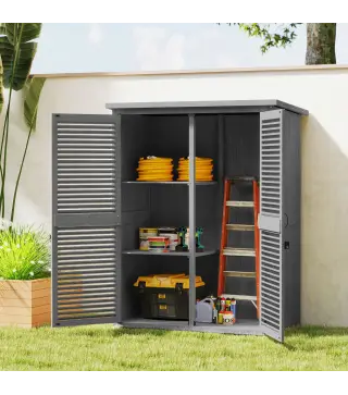 Armario de Jardín 0,83 m² 127x65x168 cm con 2 Puertas de Persiana 2 Estantes 2 Asas y Techo Impermeable Gris