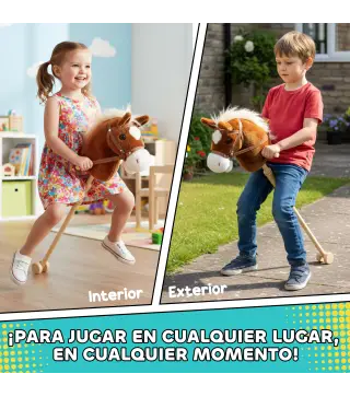 Cabeza de Caballo con Palo de Madera Sonidos y Ruedas Caballo de Juguete 95 cm de Altura Marrón