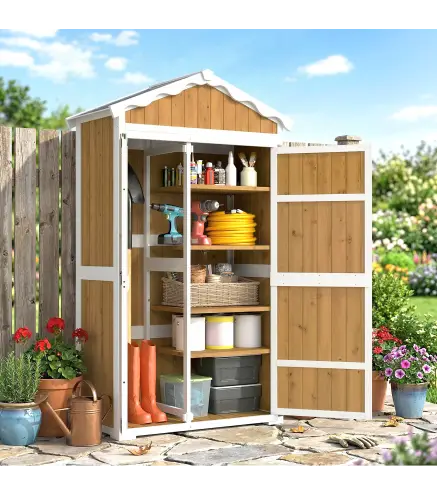 Caseta de Jardín de Madera 105x55x179 cm Armario para Herramientas con 4 Estantes Techo de Metal Galvanizado Natural