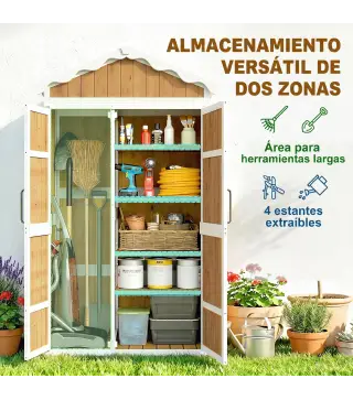 Caseta de Jardín de Madera 105x55x179 cm Armario para Herramientas con 4 Estantes Techo de Metal Galvanizado Natural