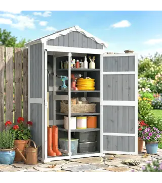 Caseta de Jardín de Madera 105x55x179 cm Armario para Herramientas con 4 Estantes Techo de Metal Galvanizado Gris