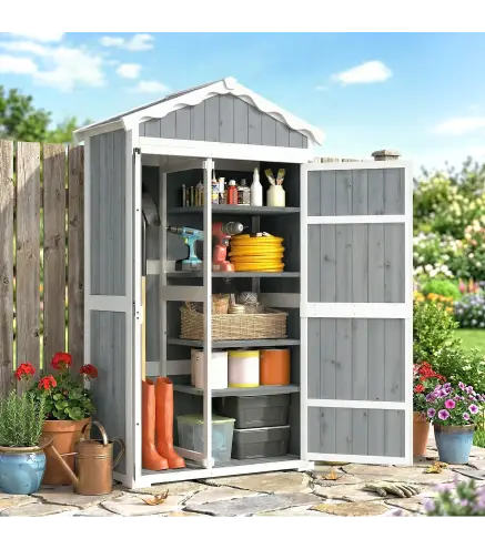 Caseta de Jardín de Madera 105x55x179 cm Armario para Herramientas con 4 Estantes Techo de Metal Galvanizado Gris