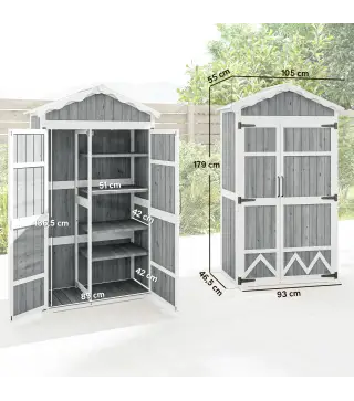Caseta de Jardín de Madera 105x55x179 cm Armario para Herramientas con 4 Estantes Techo de Metal Galvanizado Gris