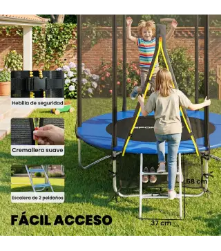 Cama Elástica Exterior Ø183 cm Trampolín para Niños de +6 Años Adultos con Red de Seguridad Escalera de 2 Peldaños Azul