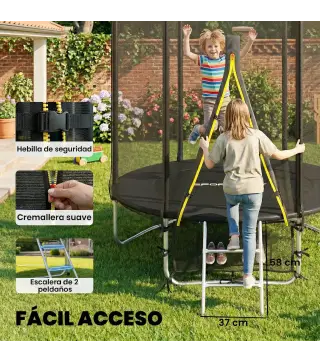 Cama Elástica Exterior Ø183 cm Trampolín para Niños +6 Años Adultos con Red de Seguridad Escalera de 2 Peldaños Negro
