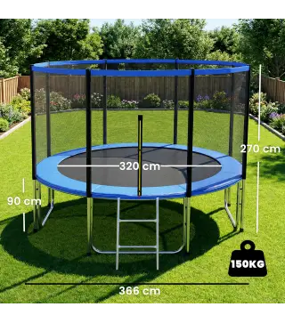 Cama Elástica Exterior Ø366 cm Trampolín para Niños con Red de Seguridad Escalera y Acolchado de Muelles Azul
