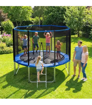 Cama Elástica Exterior Ø366 cm Trampolín para Niños con Red de Seguridad Escalera y Acolchado de Muelles Azul