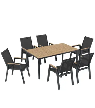 Conjunto de Mesa y Sillas Jardín con Mesa con Tablero de Listones y 6 Sillas Transpirables para Terraza Patio Negro