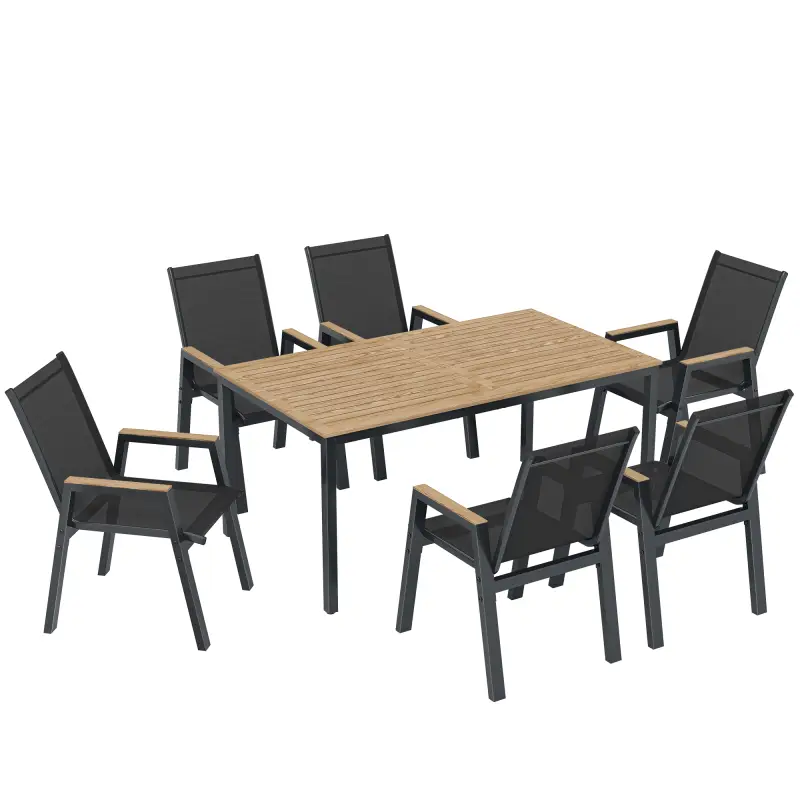 Conjunto de Mesa y Sillas Jardín con Mesa con Tablero de Listones y 6 Sillas Transpirables para Terraza Patio Negro