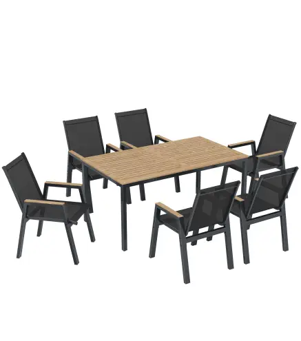 Conjunto de Mesa y Sillas Jardín con Mesa con Tablero de Listones y 6 Sillas Transpirables para Terraza Patio Negro